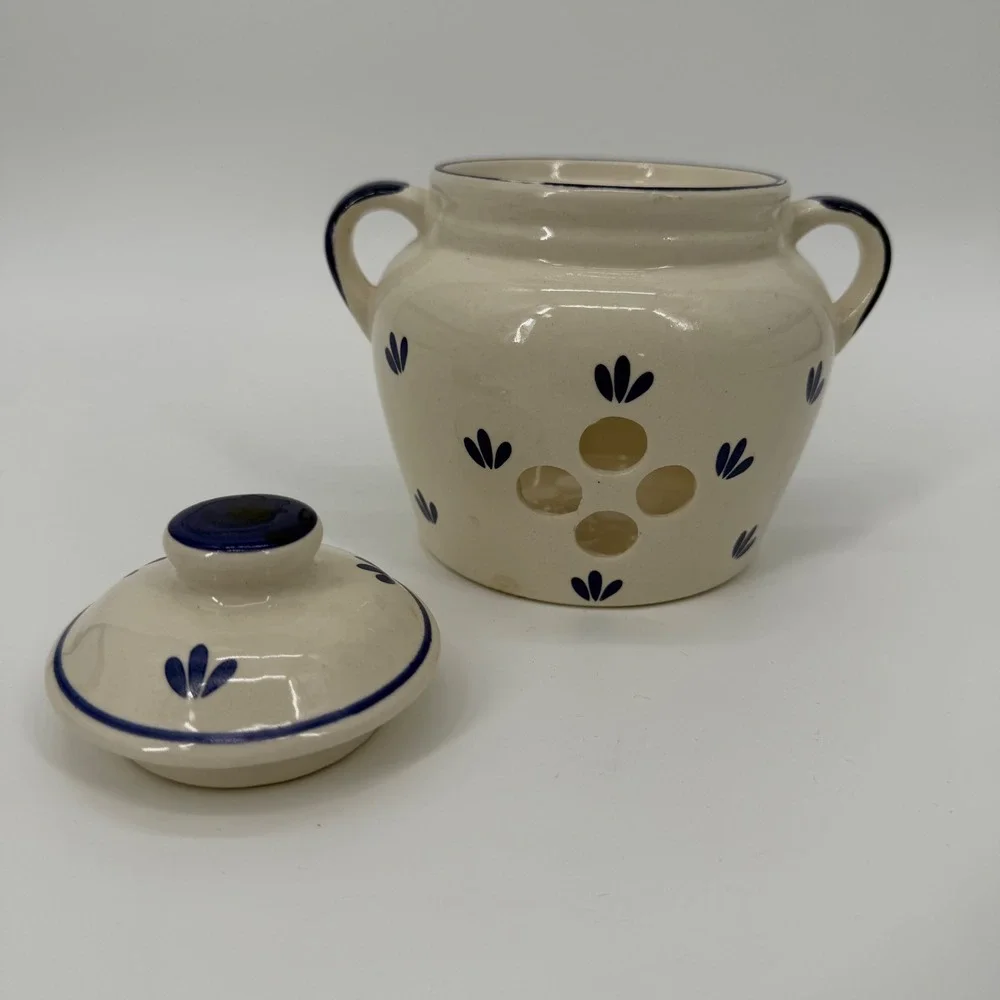 Ceramic Garlic Keeper Hand Painted Blue Floral Cream Stoneware Jar with Lid
